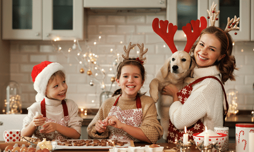 children baking, holding their dog, and celebrating the holidays